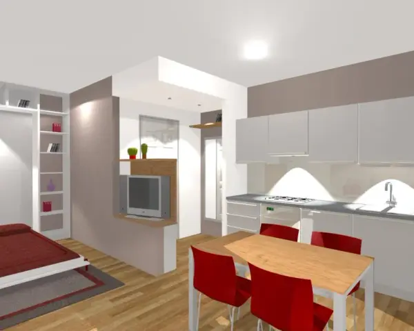 Pianta di un monolocale di 30 mq: letto, libreria, cucina moderna e tavolo con sedie rosse.
