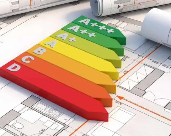 Kolorowy wskaźnik klasyfikacji energetycznej budynku od D do A+++ leży na planach architektonicznych.