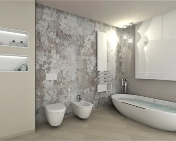 Bagno moderno con vasca ovale, WC, bidet e nicchie a muro. Un esempio di come ottenere un ottimo costo bagno completo con design ricercato.