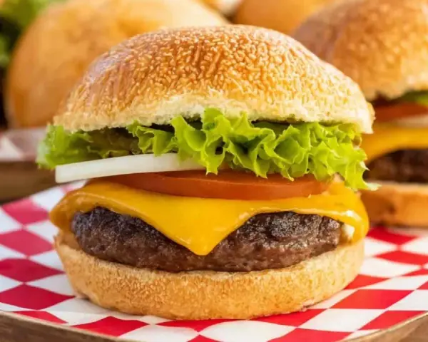 Soczysty burger z serem, sałatą, pomidorem i cebulą na czerwono-białej kratce.