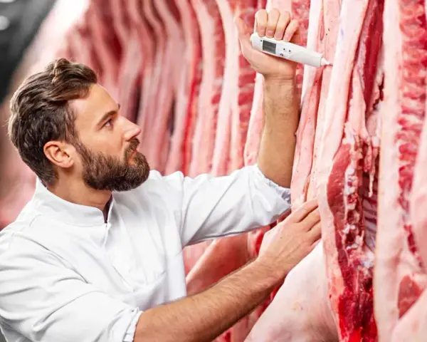 Metzger prüft mit Thermometer die Qualität von abgehangenem Rindfleisch in Kühlhaus.