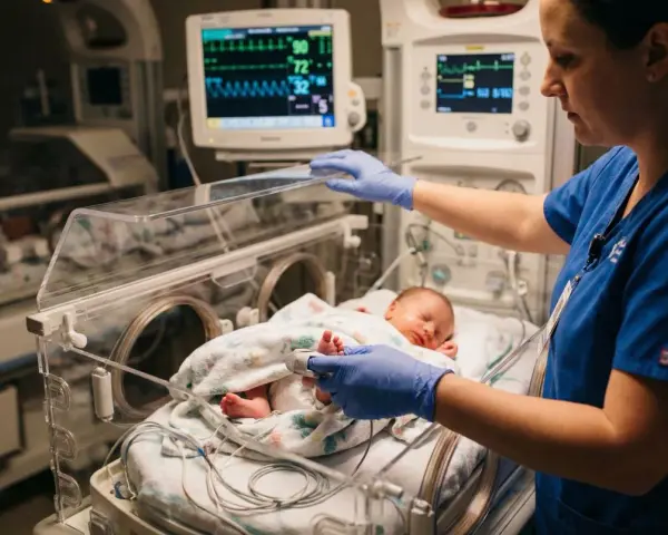 Pielęgniarka neonatologiczna czule opiekuje się noworodkiem w inkubatorze, monitorując jego funkcje życiowe.