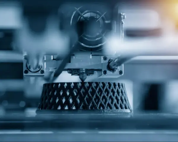 Close-up of an advanced 3D printing machine creating a complex, lattice-like object layer by layer.