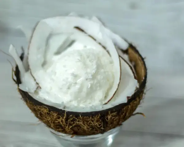 Una pallina di cremoso gelato al cocco servita in una noce di cocco aperta, decorata con scaglie di cocco.