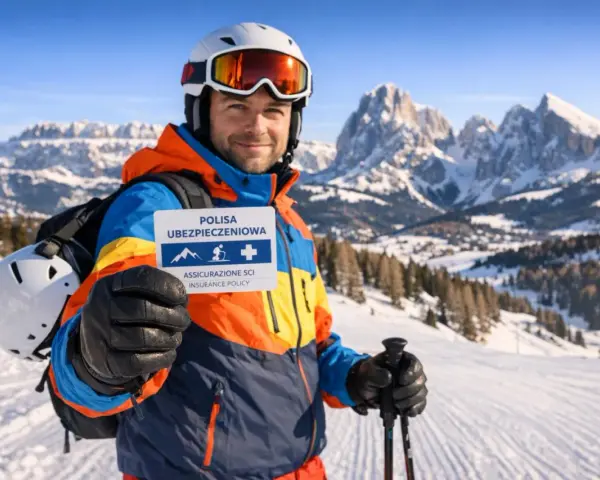 Narciarz w Dolomitach trzyma kartę "Polisa Ubezpieczeniowa" - idealna na narty we Włoszech. Bezpieczeństwo przede wszystkim!