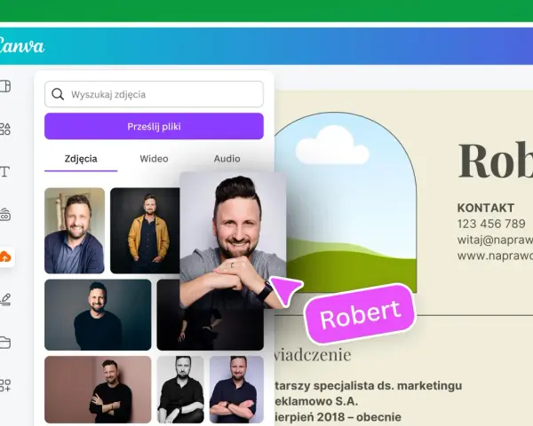 Tworzenie nowoczesnego CV w Canvie. Widok edytora z panelami do dodawania zdjęć i tekstu.
