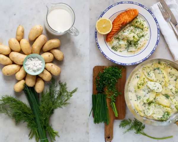 En härlig bild som visar ingredienser och färdig dillstuvad potatis med lax.