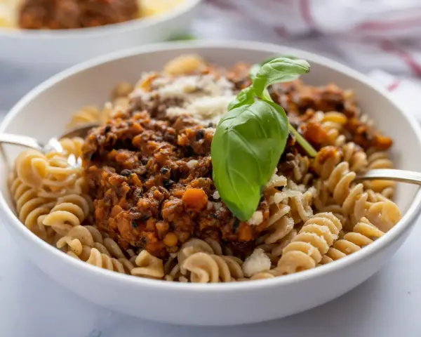 Pyszne fusilli z sosem bolognese z soczewicy, posypane parmezanem i udekorowane bazylią. Idealne na szybki obiad, gdy szukasz inspiracji na soczewica przepisy.