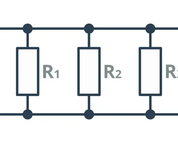 Schemat obwodu elektrycznego z rezystorami R1, R2, R3 połączonymi równolegle.