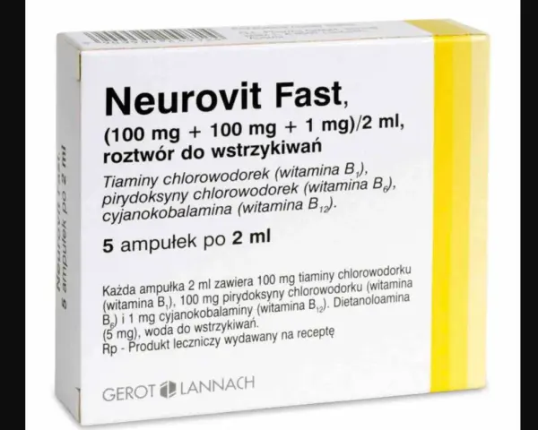 Opakowanie leku Neurovit Fast, roztwór do wstrzykiwań z witaminami B1, B6, B12. Produkt leczniczy wydawany na receptę.
