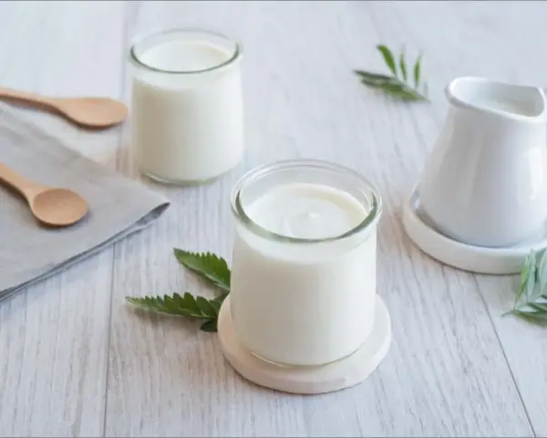Deux pots de yaourt, une petite cruche et des cuillères en bois sur une table. La couleur blanche du lait, pourquoi est-il si pur ?