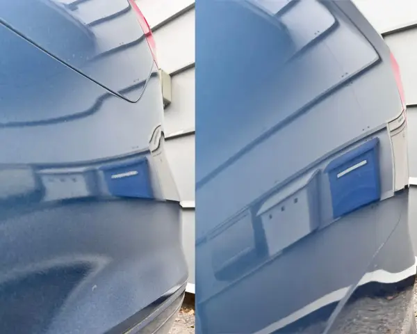 Före och efter-bild som visar hur våtslipar man för att få en blank bil.