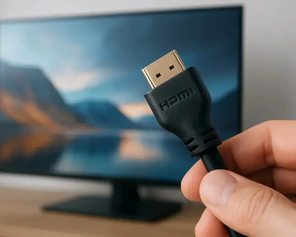 En hand håller en svart hdmi kabel 3 meter framför en datorskärm med en naturbild.
