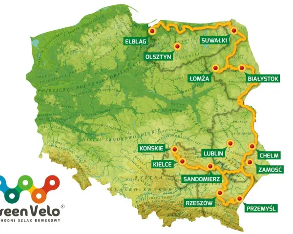 Mapa Polski z zaznaczonym szlakiem rowerowym Green Velo. Trasa prowadzi przez malownicze tereny, w tym okolice Świętokrzyskie.