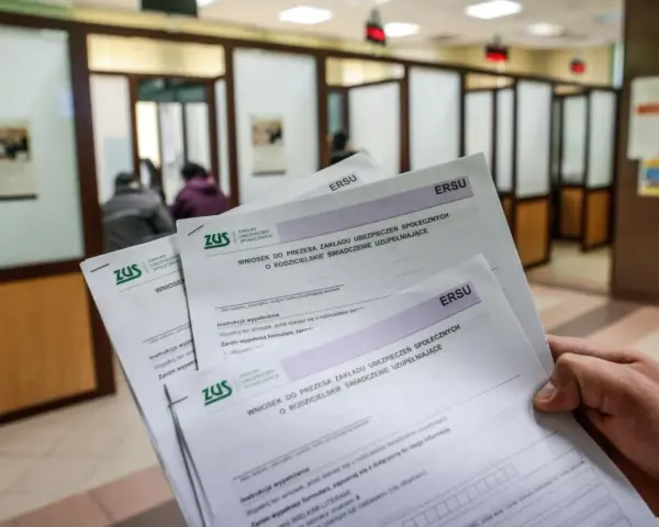 Dłoń trzyma dokumenty ZUS dotyczące wniosku o rodzicielskie świadczenie uzupełniające. To może być krok w kierunku ponownego przeliczenia emerytury ze względu na długość życia.