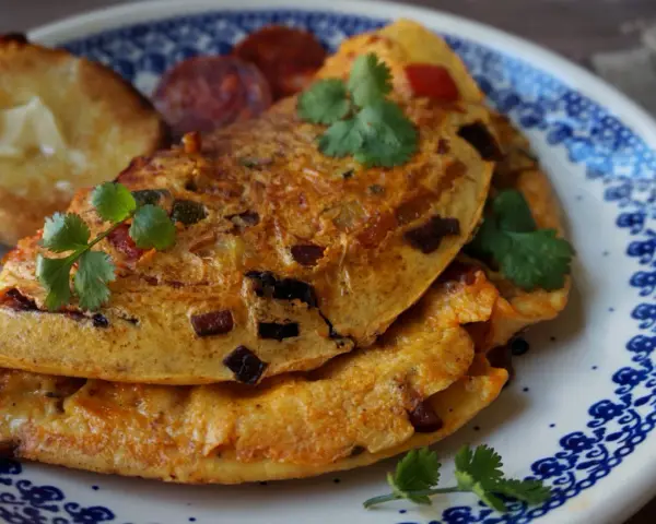 Pyszny omlet z chorizo, podany z grzankami i świeżą kolendrą, na talerzu z niebieskim wzorem.