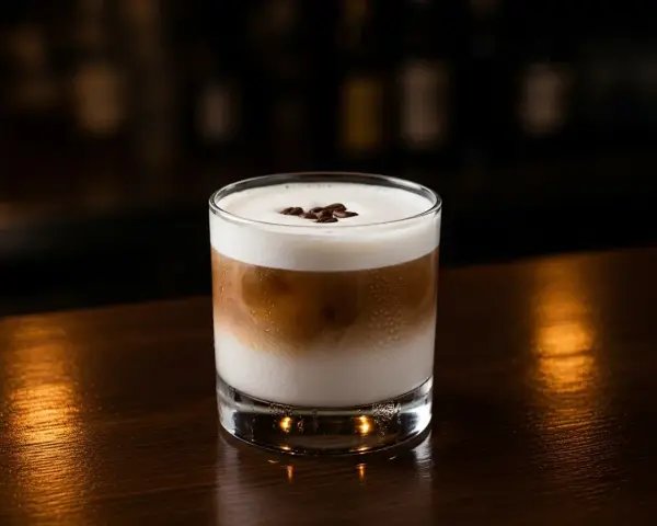 En krämig White Russian med kaffebönor på toppen, serverad i ett glas på en mörk träyta.