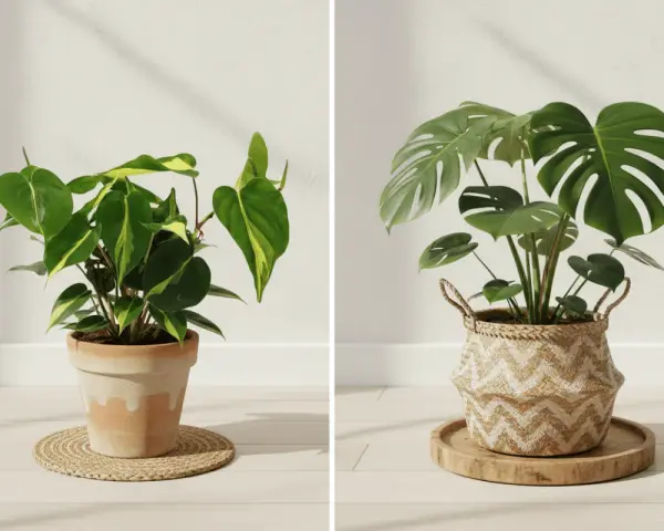 Dwie rośliny doniczkowe: po lewej filodendron z liśćmi w zielono-żółte pasy, po prawej monstera deliciosa. Różne monstera odmiany.