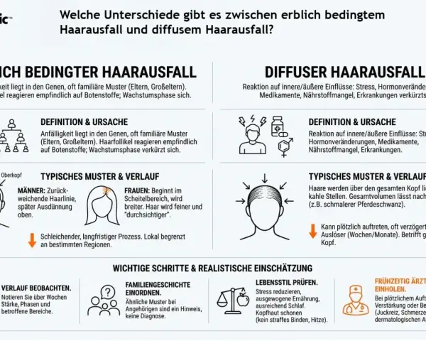 Infografik vergleicht erblichen und **diffusen Haarausfall**. Ersterer ist genetisch bedingt, letzterer eine Reaktion auf Stress, Hormone etc.