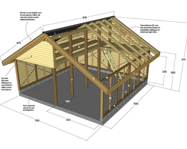 Detaljerad ritning av en carport med mått. En gratis carport ritning för ditt byggprojekt.