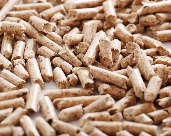 Montón de pellets de madera, un combustible ecológico. Estos pequeños cilindros de serrín comprimido son una alternativa sostenible para la calefacción.