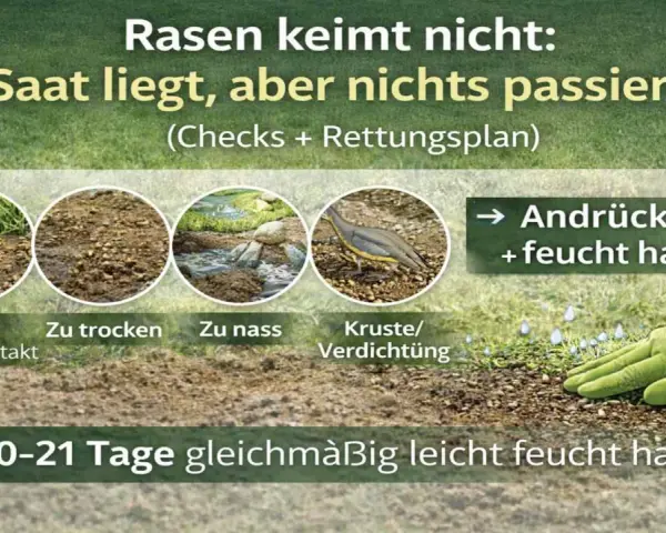Rasen keimt nicht: Saat liegt, aber nichts passiert? Prüfe Bodenkontakt, Feuchtigkeit & Verdichtung. Andrücken & feucht halten!