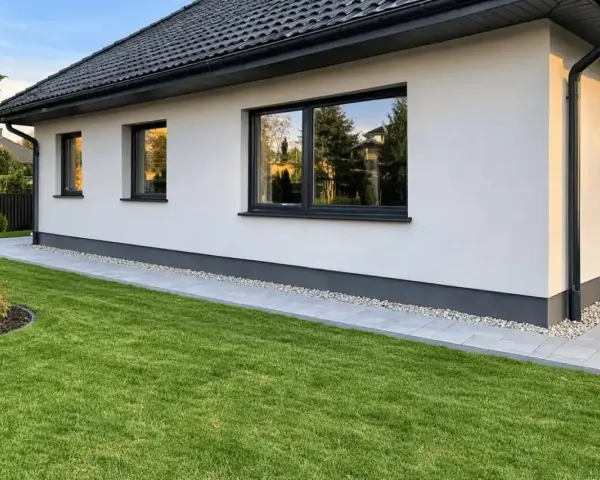 Nowy dom z białym tynkiem i czarnym dachem. Wokół domu ścieżka z płyt i zielona trawa. To najtańsza opaska wokół domu, która dodaje uroku.