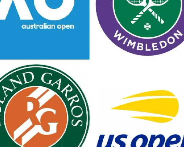 Logos de los cuatro torneos de Grand Slam: Australian Open, Wimbledon, Roland Garros y US Open.