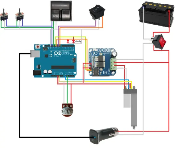 Schemat połączeń Arduino z elementami sterującymi: przełączniki, diody, silnik, akumulator.