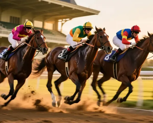 Trois jockeys colorés mènent une course de chevaux intense. Les sabots soulèvent la poussière, un spectacle captivant pour les amateurs de statistique hippique.