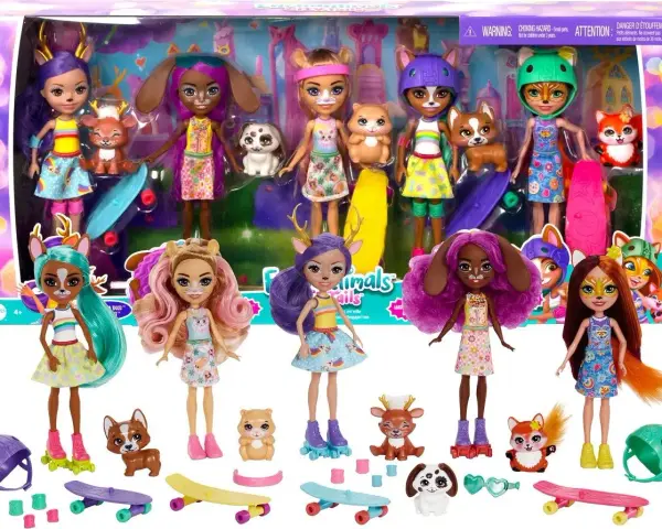 Zestaw lalek Enchantimals z imionami: Fawn, Bree, Patter, Felicity, Sage, Danessa, Tamika, Saffi.