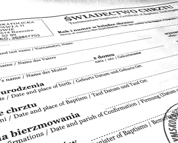 Świadectwo chrztu, dokumenty do chrztu bez ślubu. Wpisane dane rodziców, daty i miejsca urodzenia oraz chrztu.