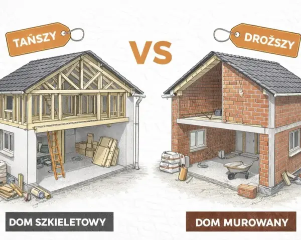Porównanie kosztów budowy domu: szkieletowy (tańszy) vs murowany (droższy). Ilustracja pokazuje etapy budowy obu typów domów.