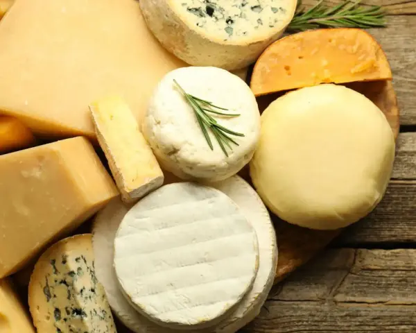 Assortiment de fromages variés, dont un bleu persillé, un camembert et un fromage rond crémeux, parfaits pour un plateau de **sucre de lait** gourmand.