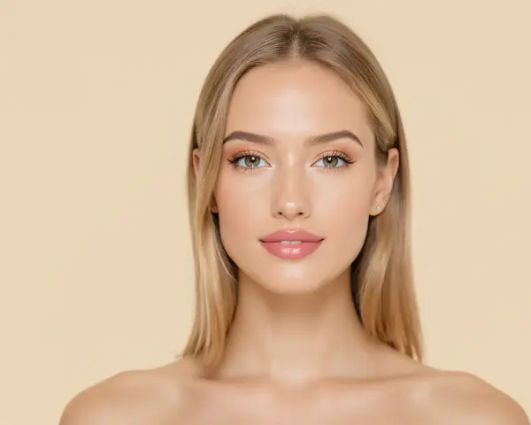 Un visage de jeune femme blonde, aux yeux verts et lèvres roses, une **aha définition** de beauté naturelle.