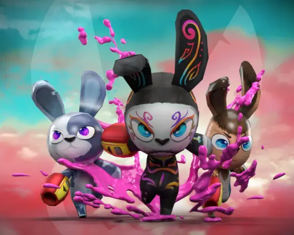 Tres conejos con guantes de boxeo, salpicados de pintura rosa, listos para la acción como "bunny raiders".