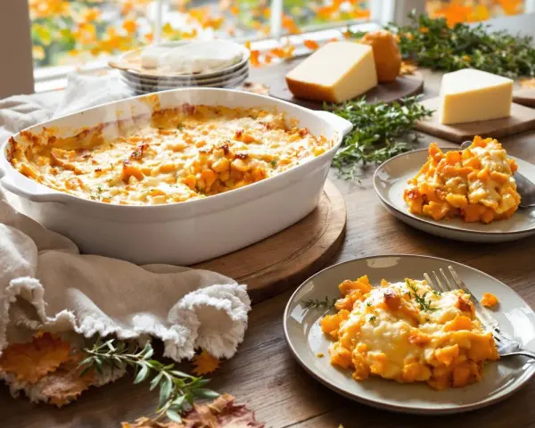 Un délicieux gratin patate douce, doré et gratiné, servi dans un plat blanc et sur deux assiettes. Parfait pour un repas d'automne.