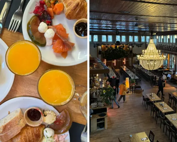 Frühstück mit Lachs und Orangensaft, daneben ein großer Speisesaal mit Kronleuchter – tolle berlin foodspots.