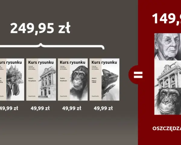 Pięć modułów kursu rysunku w promocji. Zestaw 5w1 za 149,99 zł zamiast 249,95 zł. Oszczędzasz 100 zł.