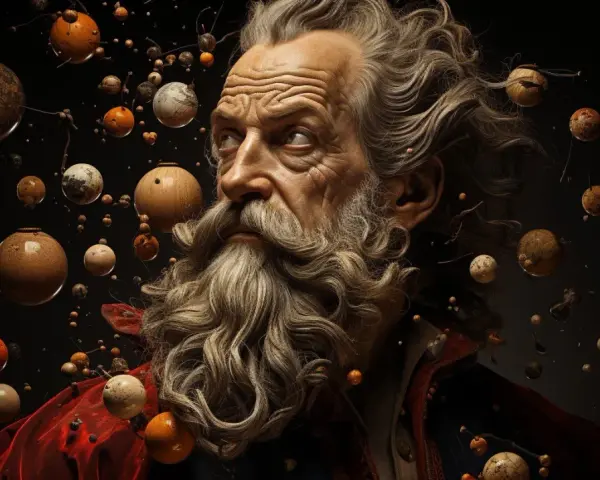 Retrato de un anciano sabio con barba, rodeado de esferas que evocan el cosmos, como en la biografía de Galileo Galilei.