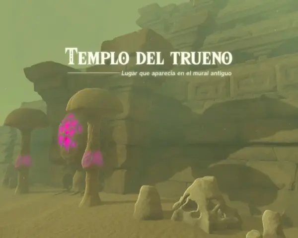 El Templo del Trueno en Zelda: Tears of the Kingdom, un lugar misterioso con hongos brillantes y ruinas antiguas.