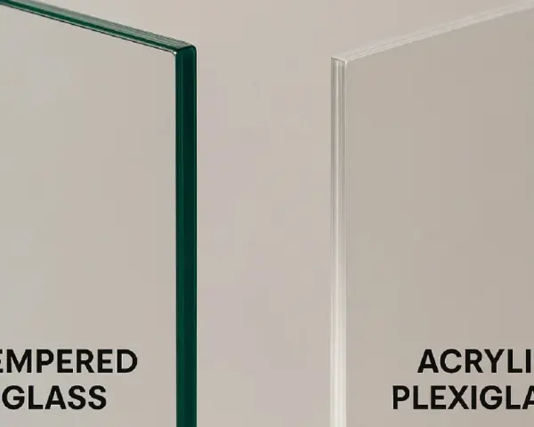 Close-up of tempered glass and acrylic plexiglass edges. Acrylic plexiglass is used for displays, barriers, and signage due to its durability.