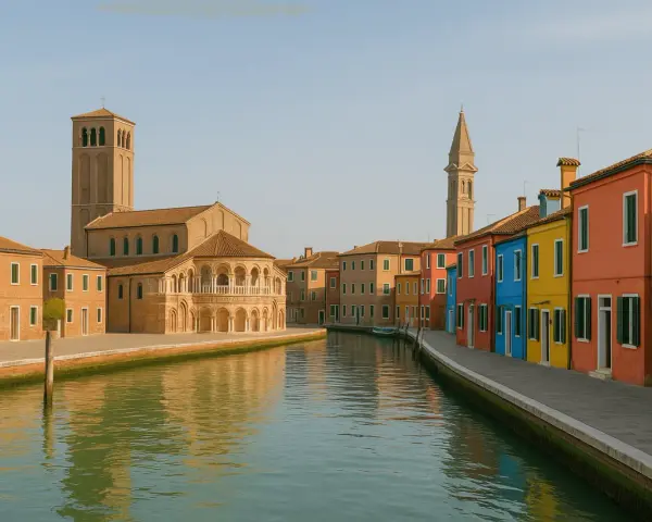 Canale di Burano con case colorate e chiese antiche, un luogo dove l'artigianato di Venezia vive ancora.