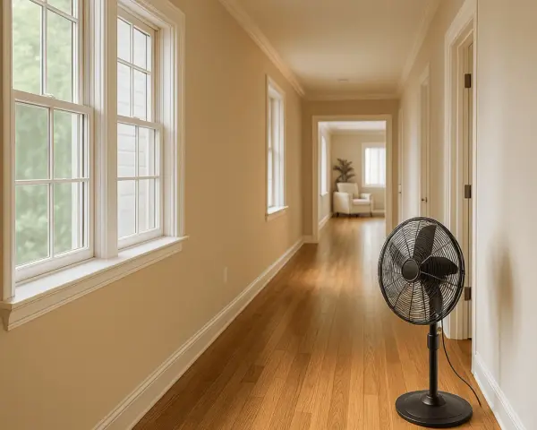 Ventilador negro en pasillo, creando una zona de ventilación. Ventanas a la izquierda, puertas a la derecha.