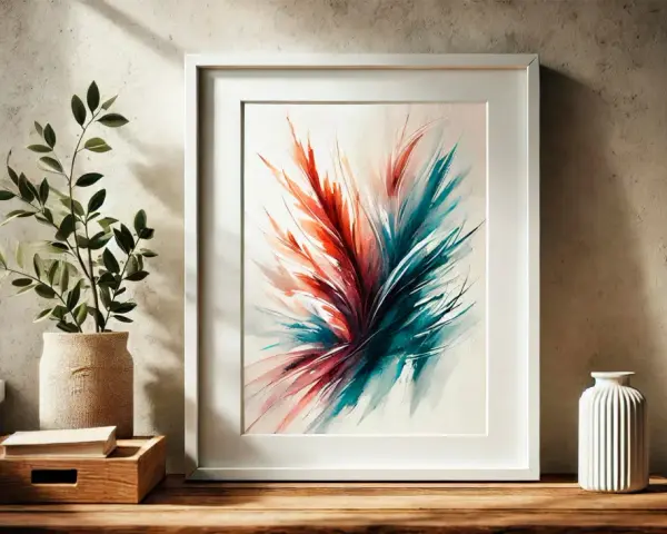 Lienzo abstracto enmarcado en blanco, con tonos rojos y turquesas. Ideas para como enmarcar un lienzo y decorar tu espacio.