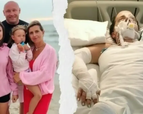 Rodzina wspiera bohaterkę oziminy Berenta. Po lewej uśmiechnięta rodzina na plaży, po prawej kobieta w szpitalnym łóżku, podłączona do aparatury.