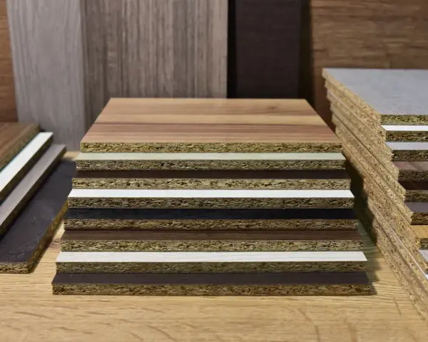 Campioni di laminato plastico con diverse finiture effetto legno e colori solidi, impilati su un piano di legno.