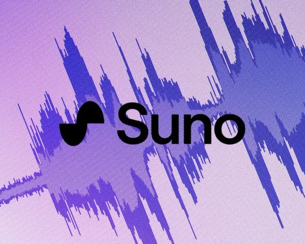 Logo Suno na tle fioletowej fali dźwiękowej. Słyszysz ten sus sound?