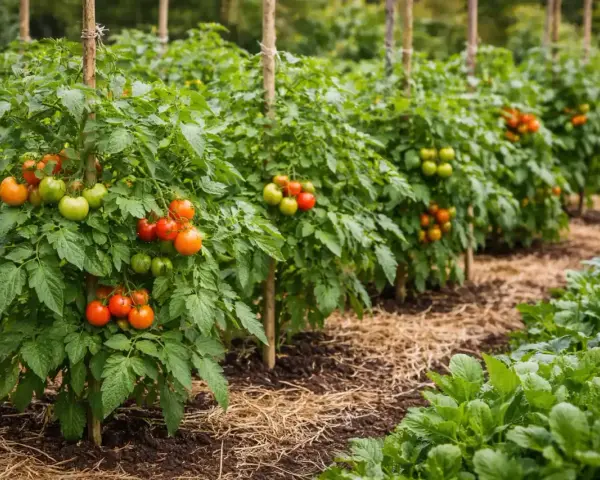 Filari di piante di pomodoro cariche di frutti verdi e rossi, pronte per essere raccolte. Un'immagine che evoca la gioia di quando si piantano i pomodori e si attende il raccolto.