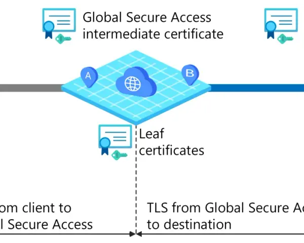 Schemat wyjaśnia, jak działa TLS: od urządzeń klienckich przez Global Secure Access do serwera docelowego, z użyciem certyfikatów.